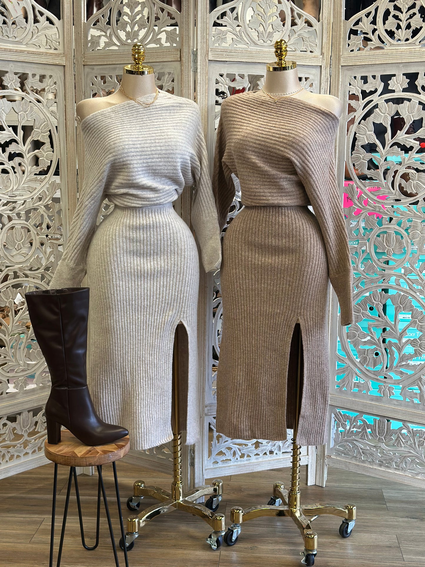 Neutral Off Shoulder Sweater Dress- Stretchy,Estira