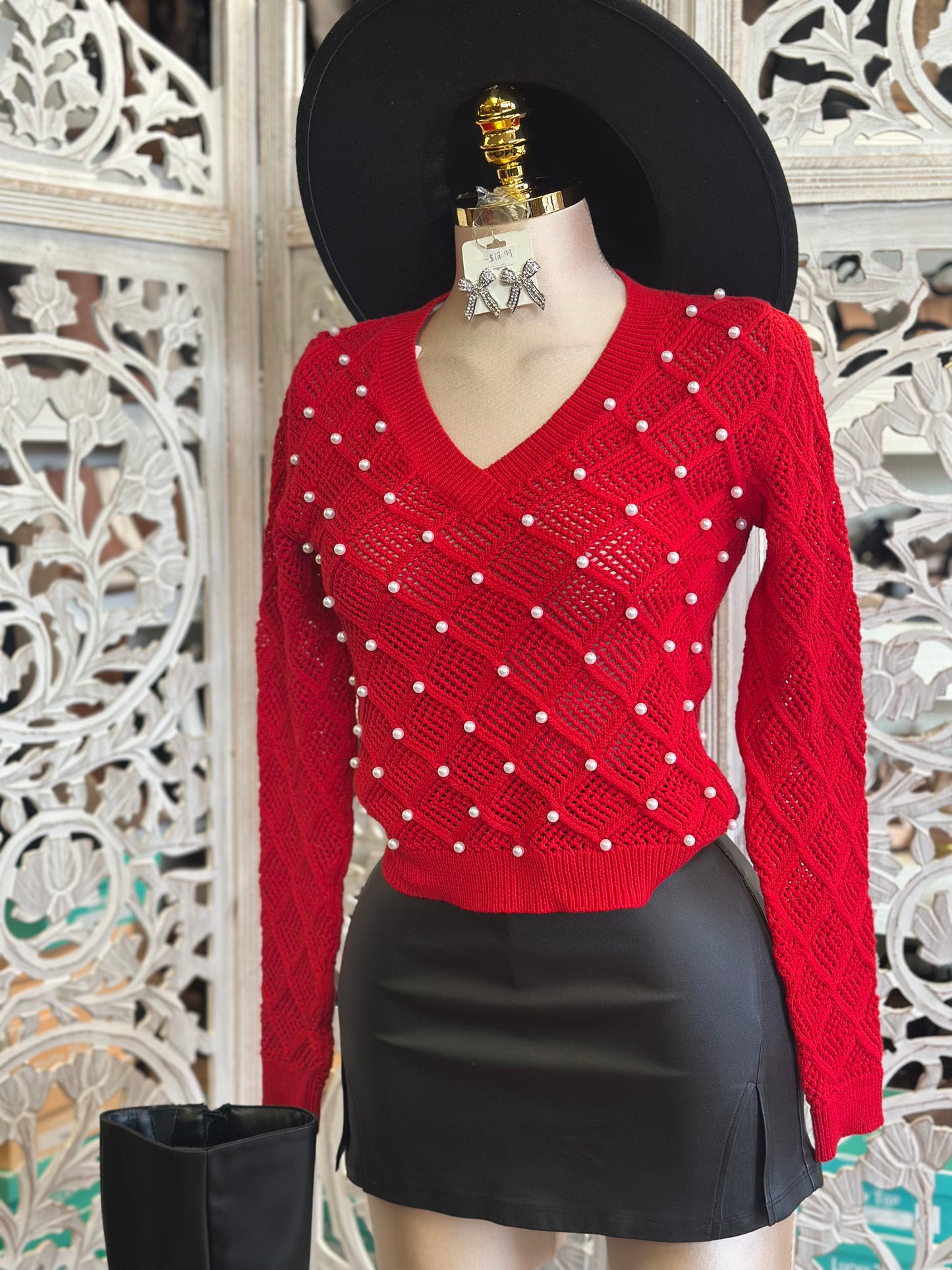 Red Netted Pearl Knit Sweater