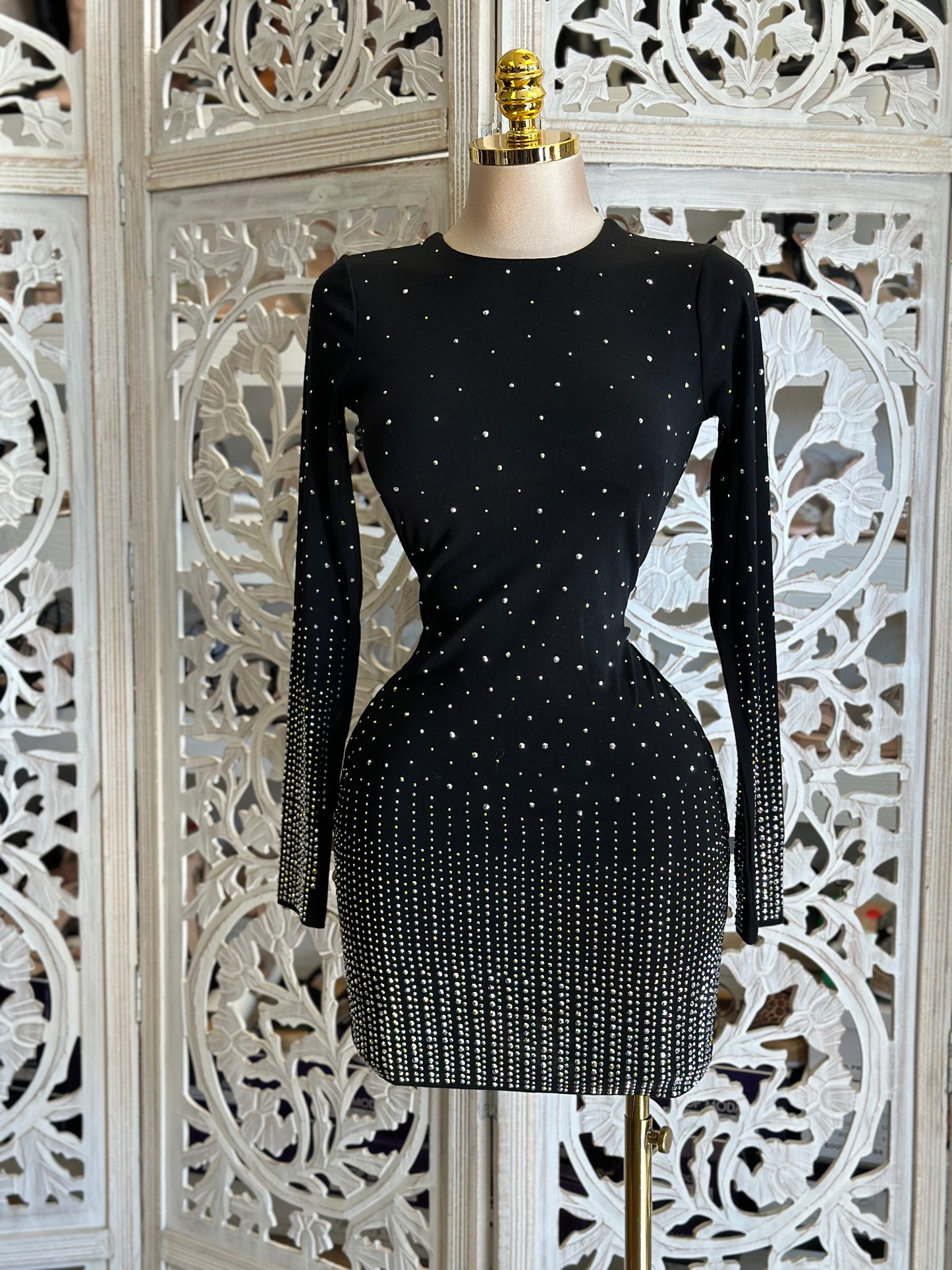 Black Rhinestone Gradient Mini Dress- Stretchy,Estira