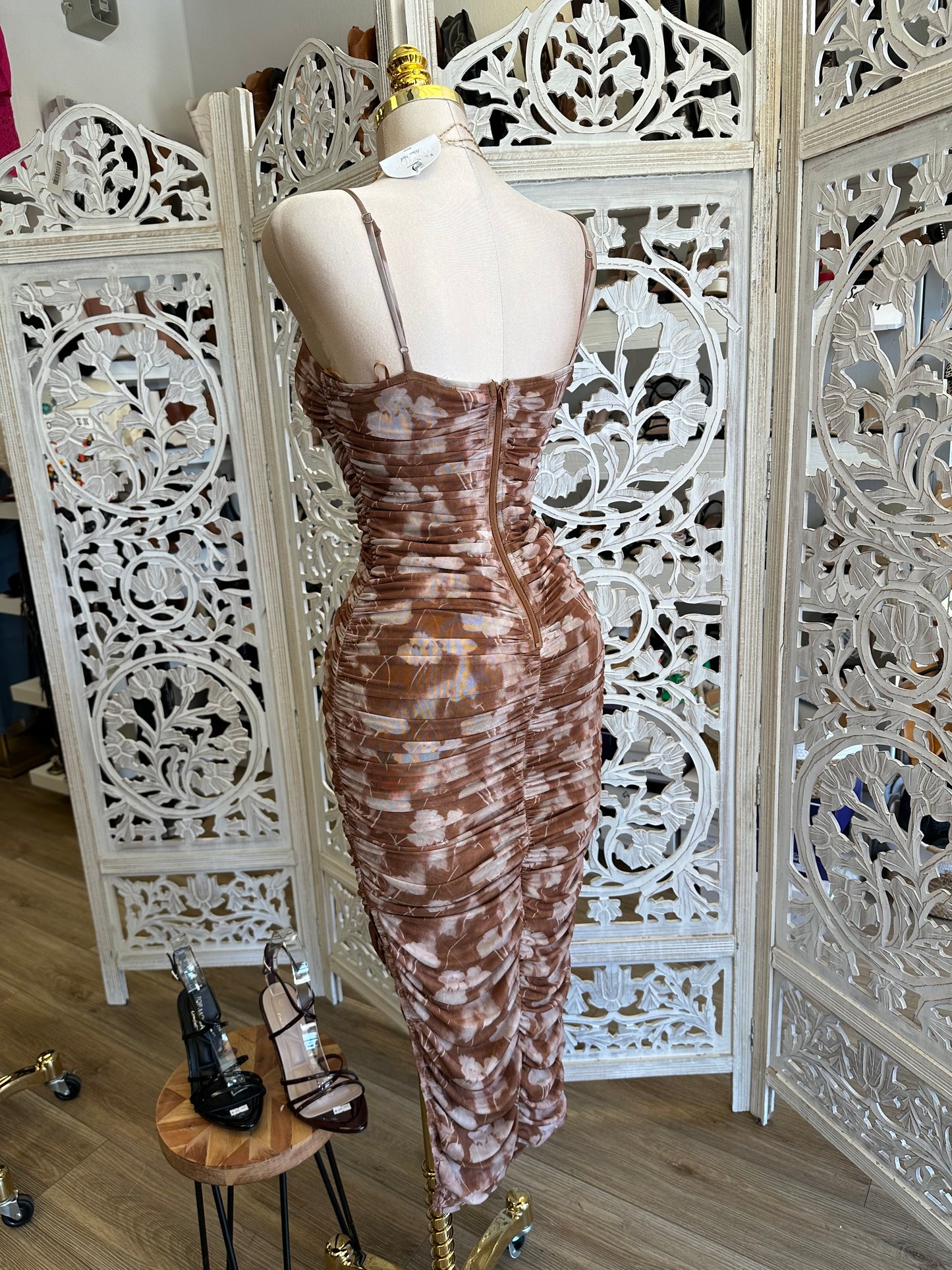 Brown Pattern Cami Mesh Midi Dress - Estira, Stretchy
