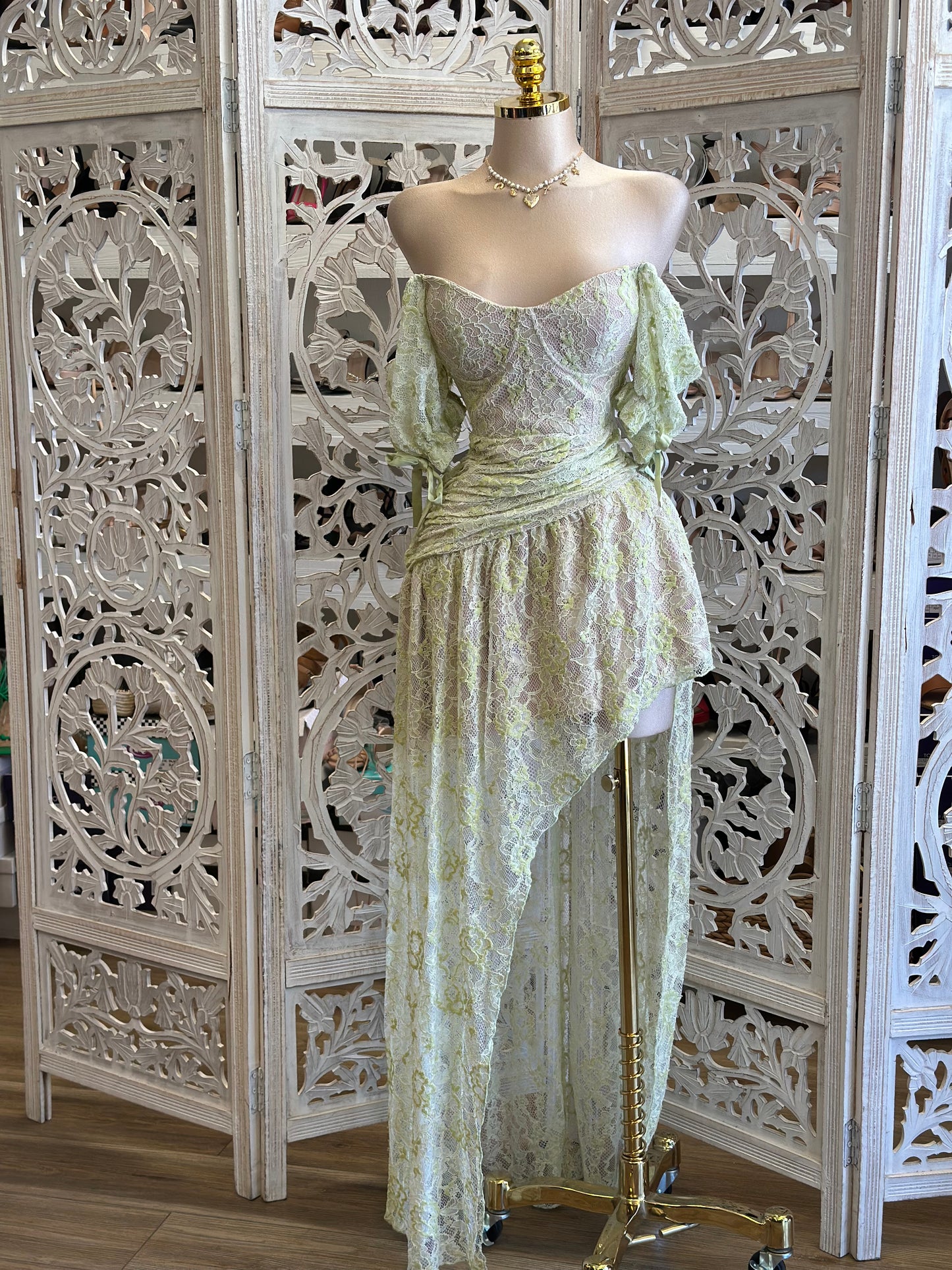 Lime Lace Boho High Low Dress- Not Stretchy, No Estira