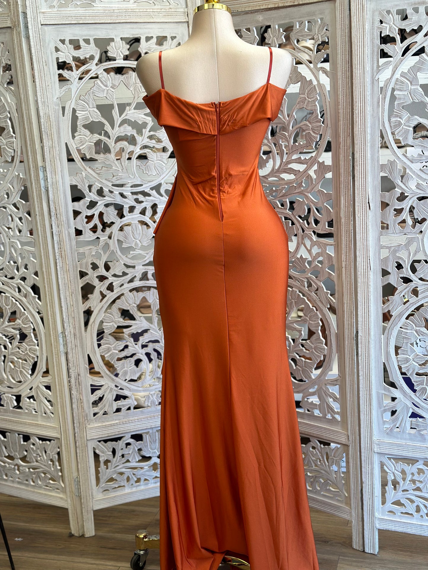 Burnt Orange Off Shoulder Gown - Estira, Stretchy