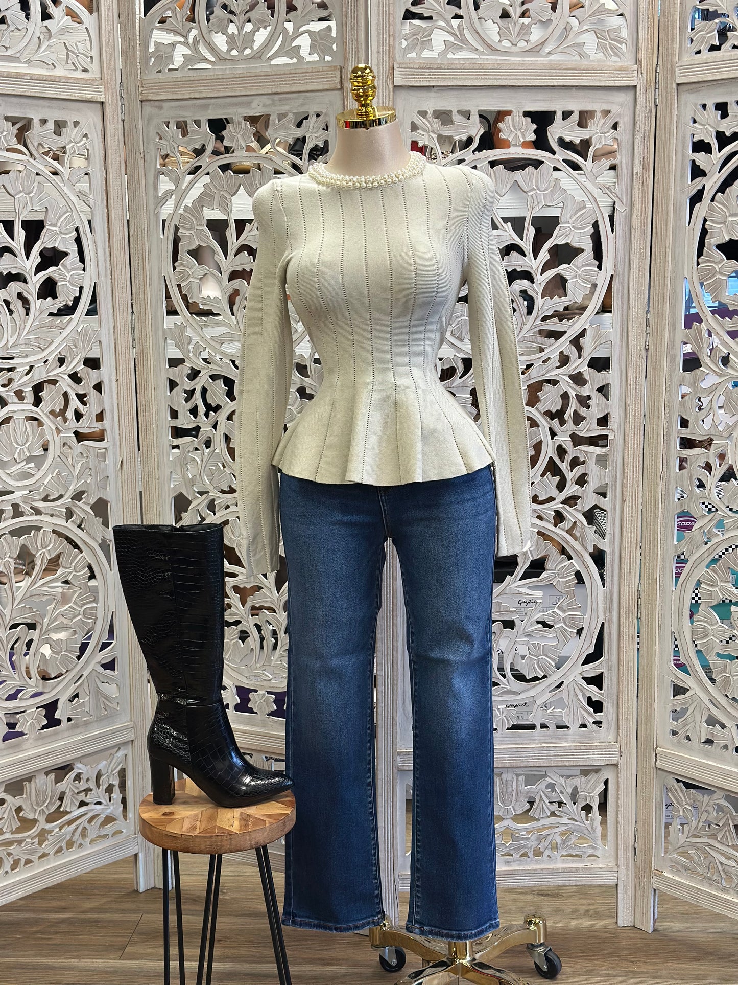 Knitted Cream Pearl Top- Estira, Stretchy