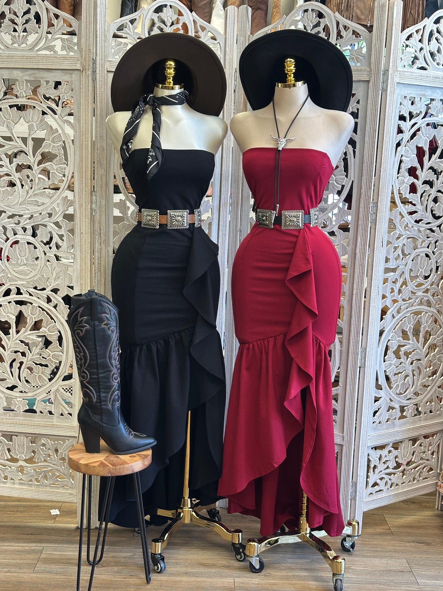 Strapless Ruffled Maxi Dress- Estira, Stretchy