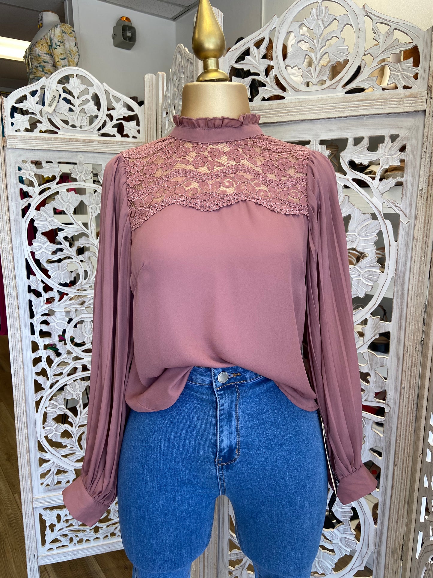 Mauve High Neck Lace Blouse