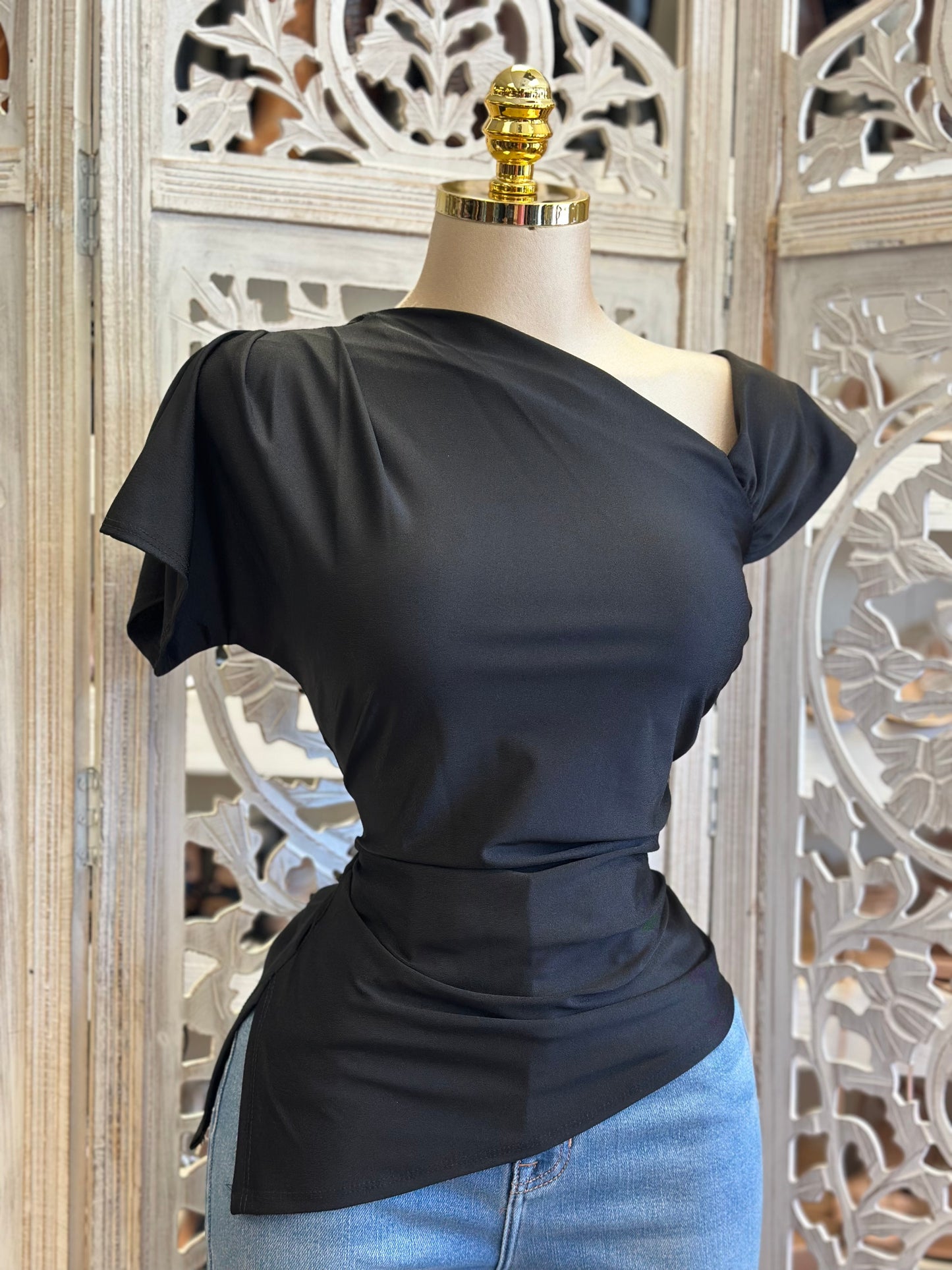 Black Asymmetrical Blouse - Estira, Stretchy