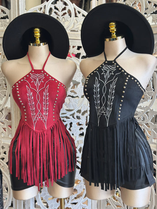 Fringe Suede Western Top- Estira, Stretchy