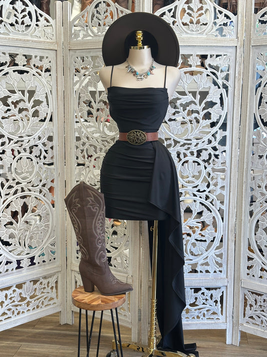 Black Tailed Mini Dress- Stretchy, Estira