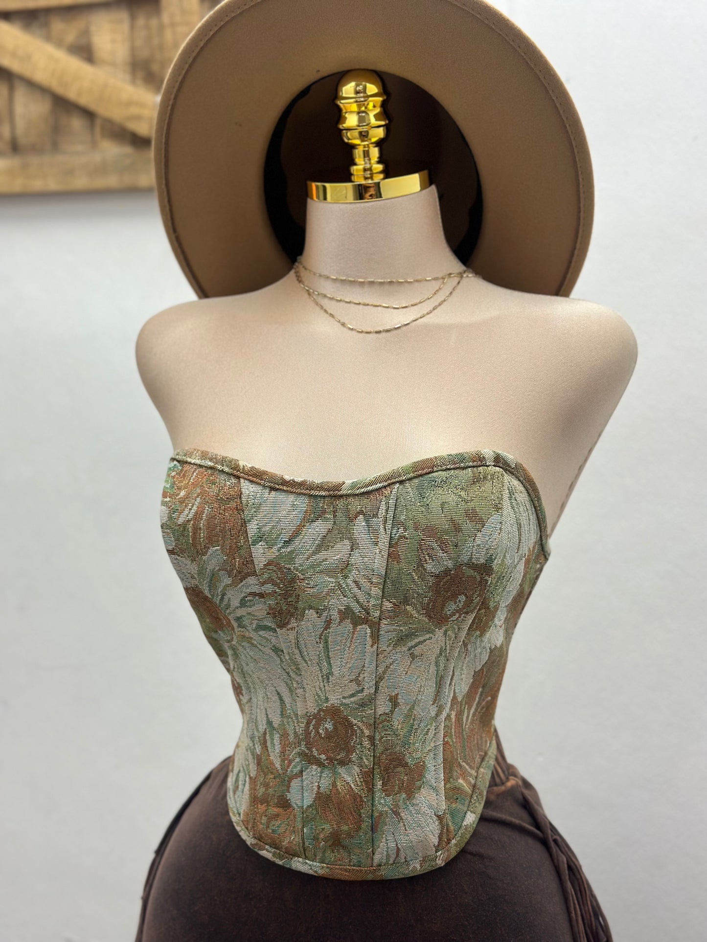 Olive Pattern Corset Top- No Estira, Not Stretchy