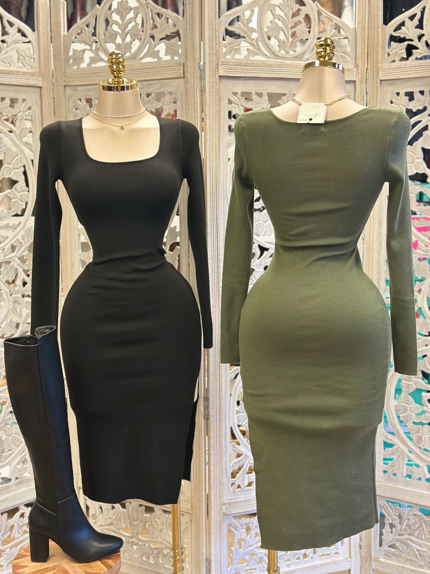 Scoop Neck Ribbed Dress- Stretchy,Estira