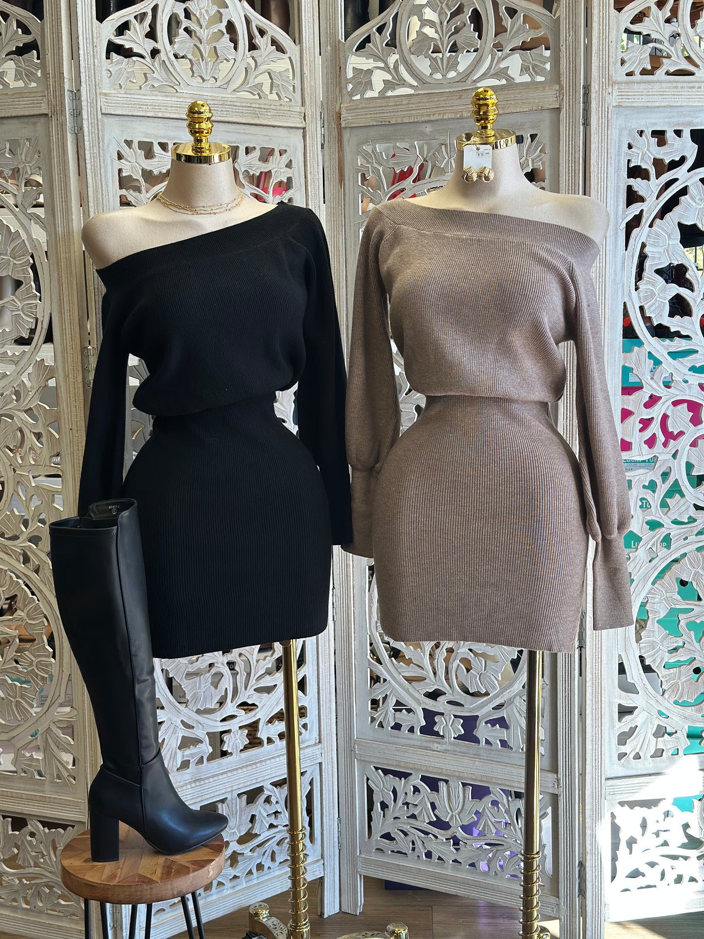 Off Shoulder Mini Sweater Dress- Stretchy,Estira