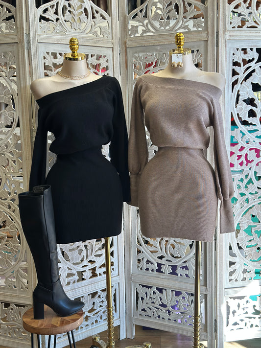 Off Shoulder Mini Sweater Dress- Stretchy,Estira