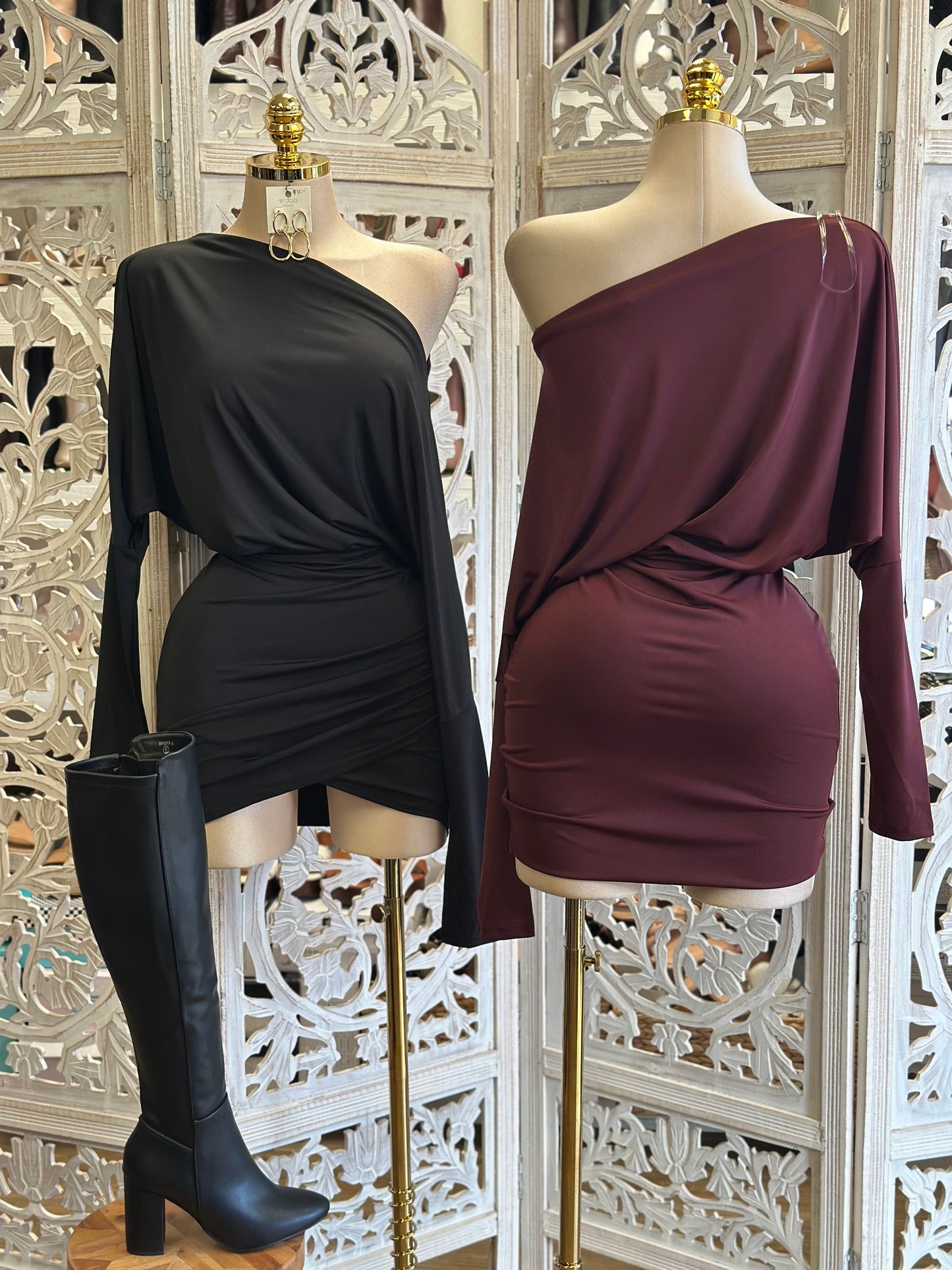 Asymmetrical Off Shoulder Mini Dress- Stretchy,Estira