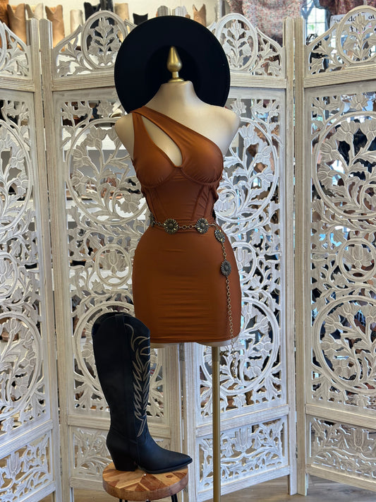 Cutout One Sleeve Bronze Corset Dress