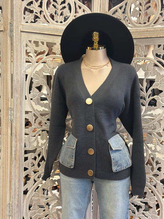 Denim Patchwork Gold Button Up Cardigan