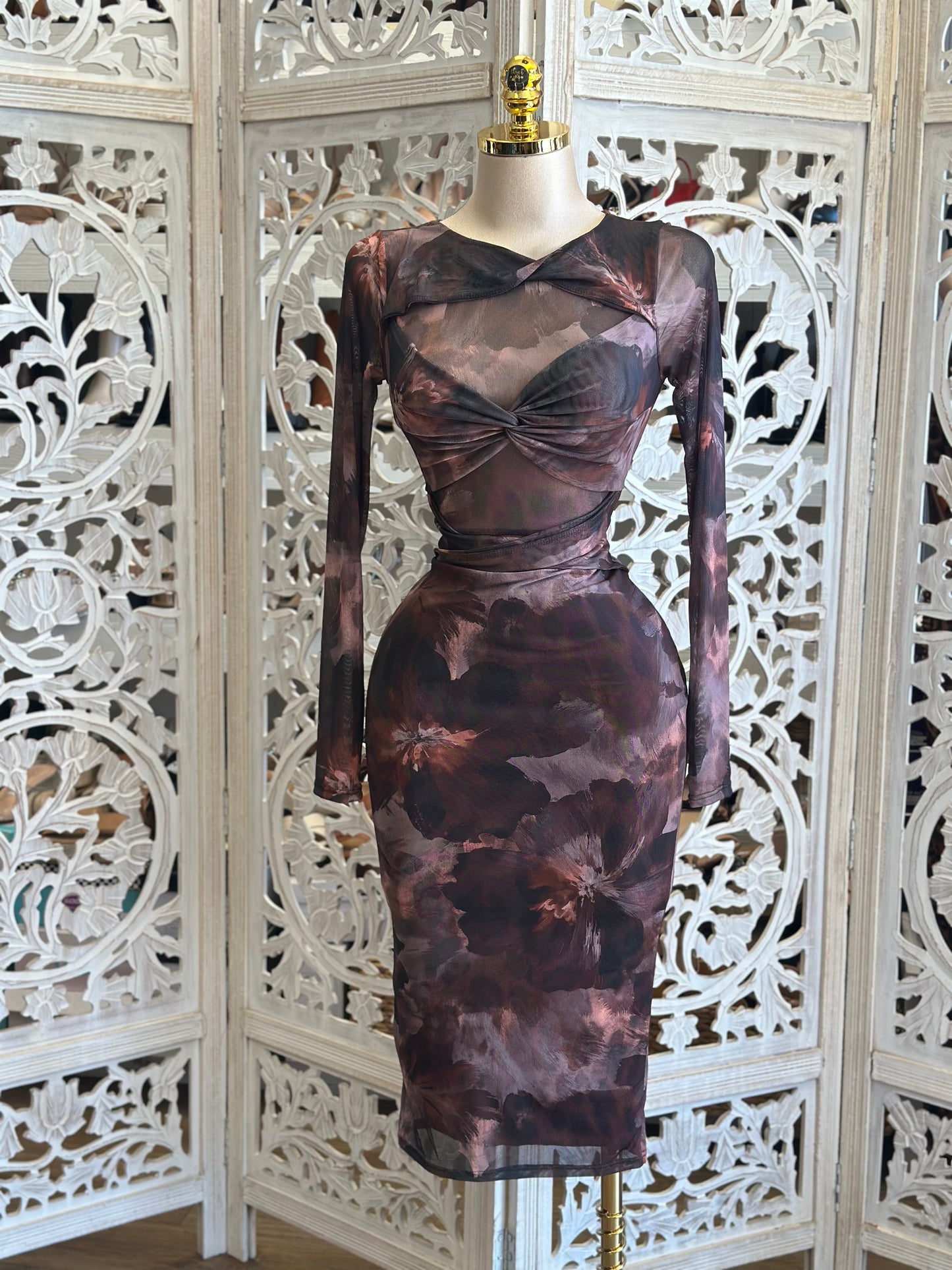Floral Mesh Bow Midi Dress- Stretchy,Estira