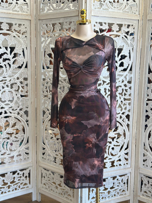 Floral Mesh Bow Midi Dress- Stretchy,Estira