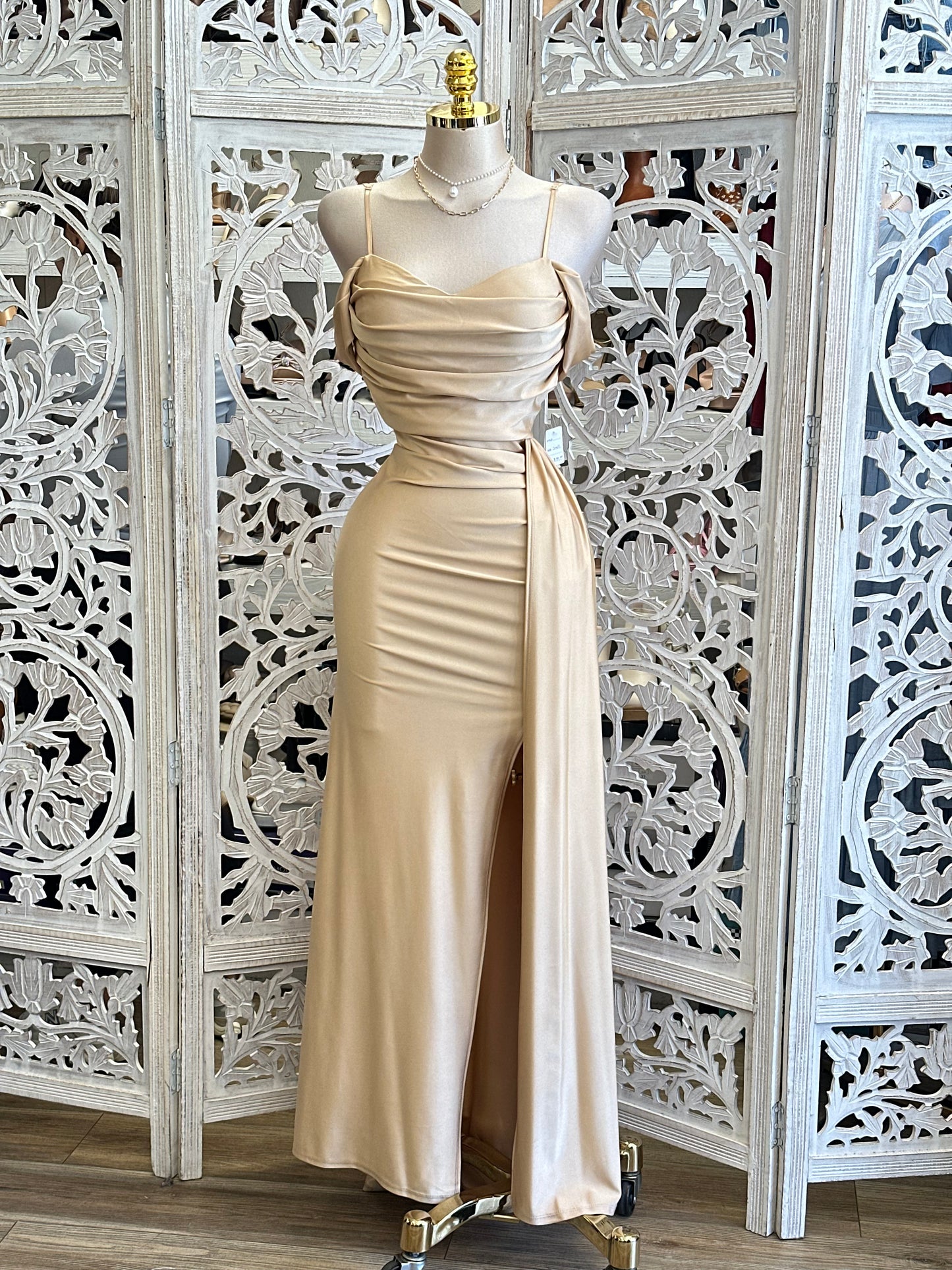 Champagne High Slit Formal Dress -Estira, Stretchy