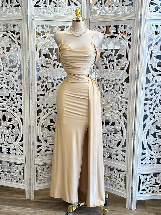 Champagne High Slit Formal Dress -Estira, Stretchy