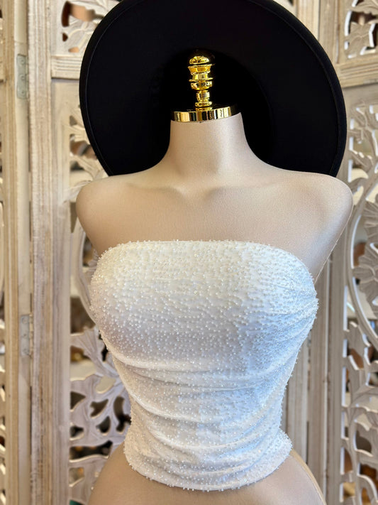 Ivory Beaded Strapless Blouse - Estira, Stretchy