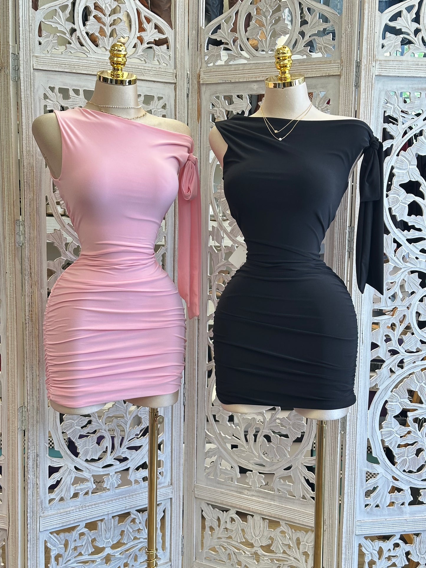 Asymmetrical Bow Mini Dress- Estira, Stretchy