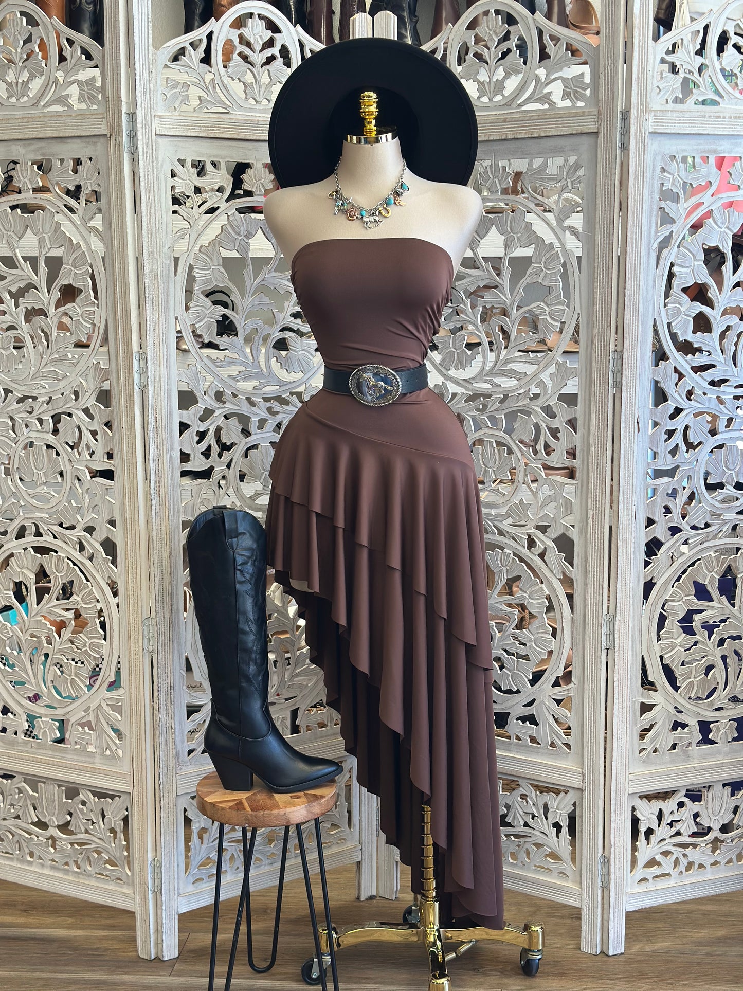 Earth Brown Ruffle High Low Strapless Dress-Estira, Stretchy