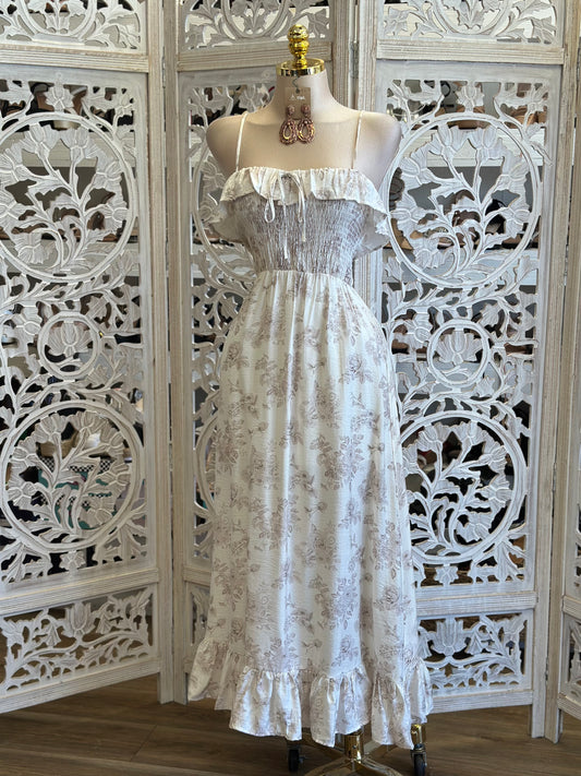 Soft Ivory Rose Maxi Pattern Dress- Estira, Stretchy
