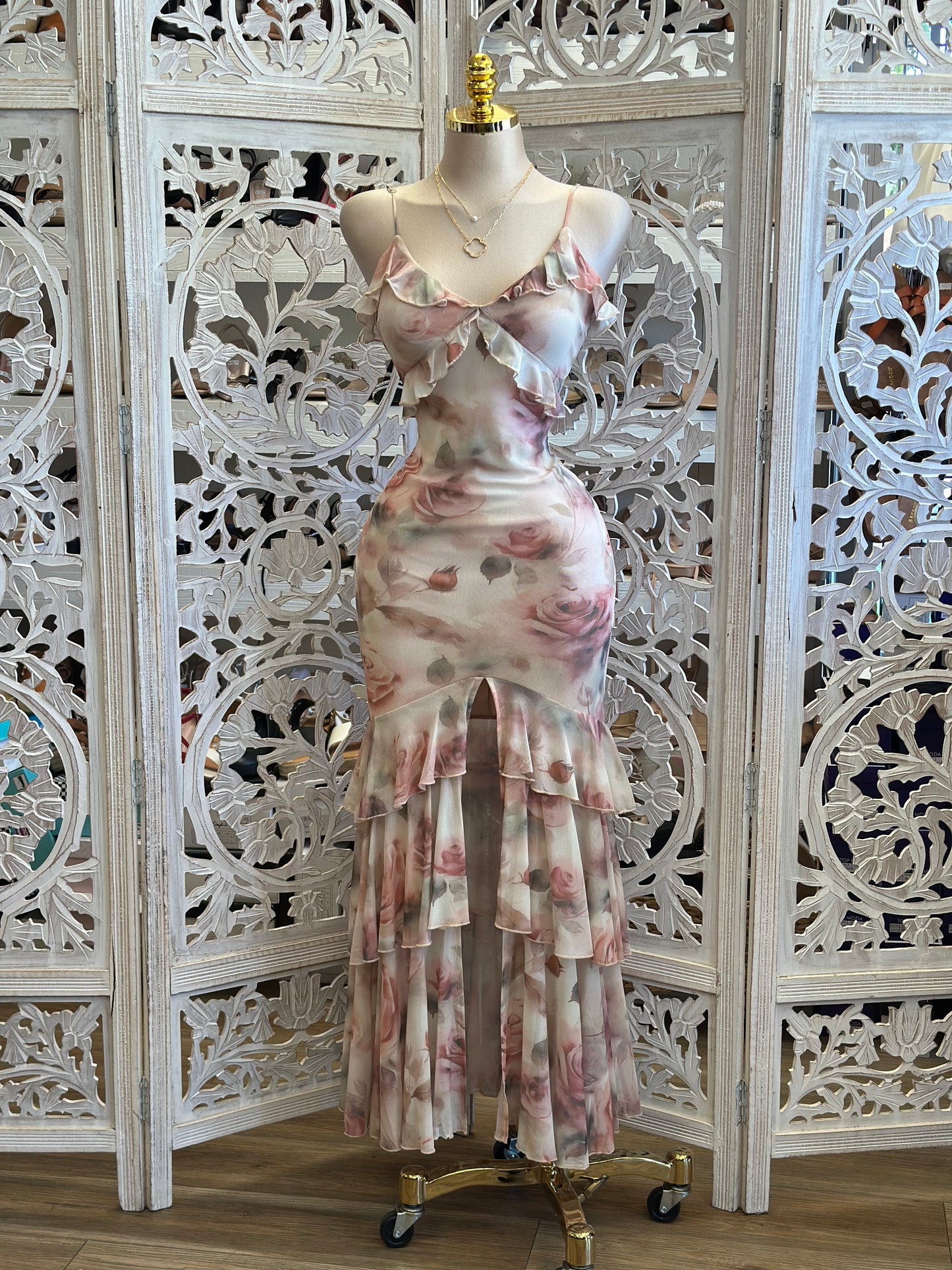 Layered Ruffle Blush Rose Dress - Estira, Stretchy