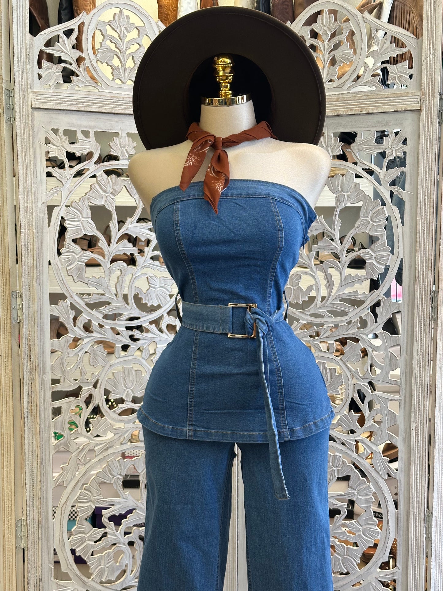 Denim Blouse and Pants Set- Stretchy, Estira