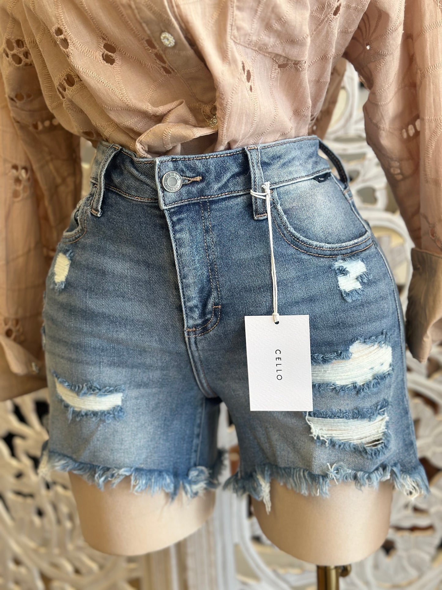 Denim Ripped High Rise Shorts- Stretchy