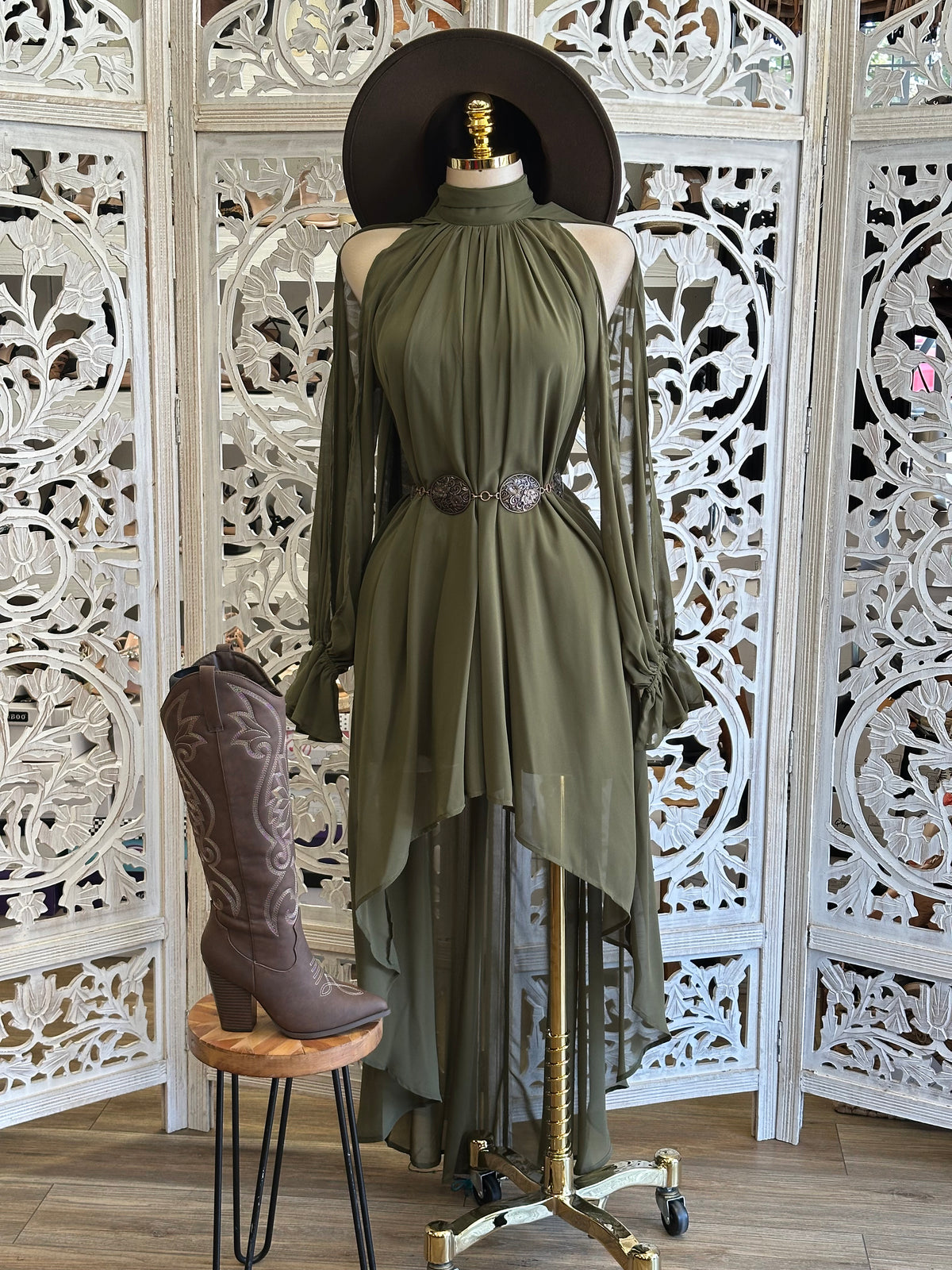 Olive Mesa Cold Shoulder Dress- Estira, Stretchy