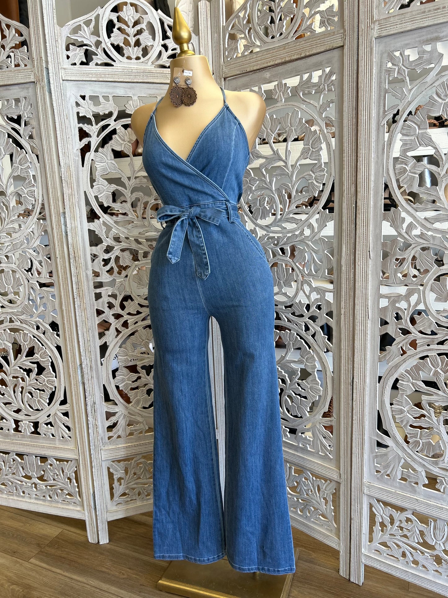 Denim Flare Backless Jumpsuit- Slightly Stretchy