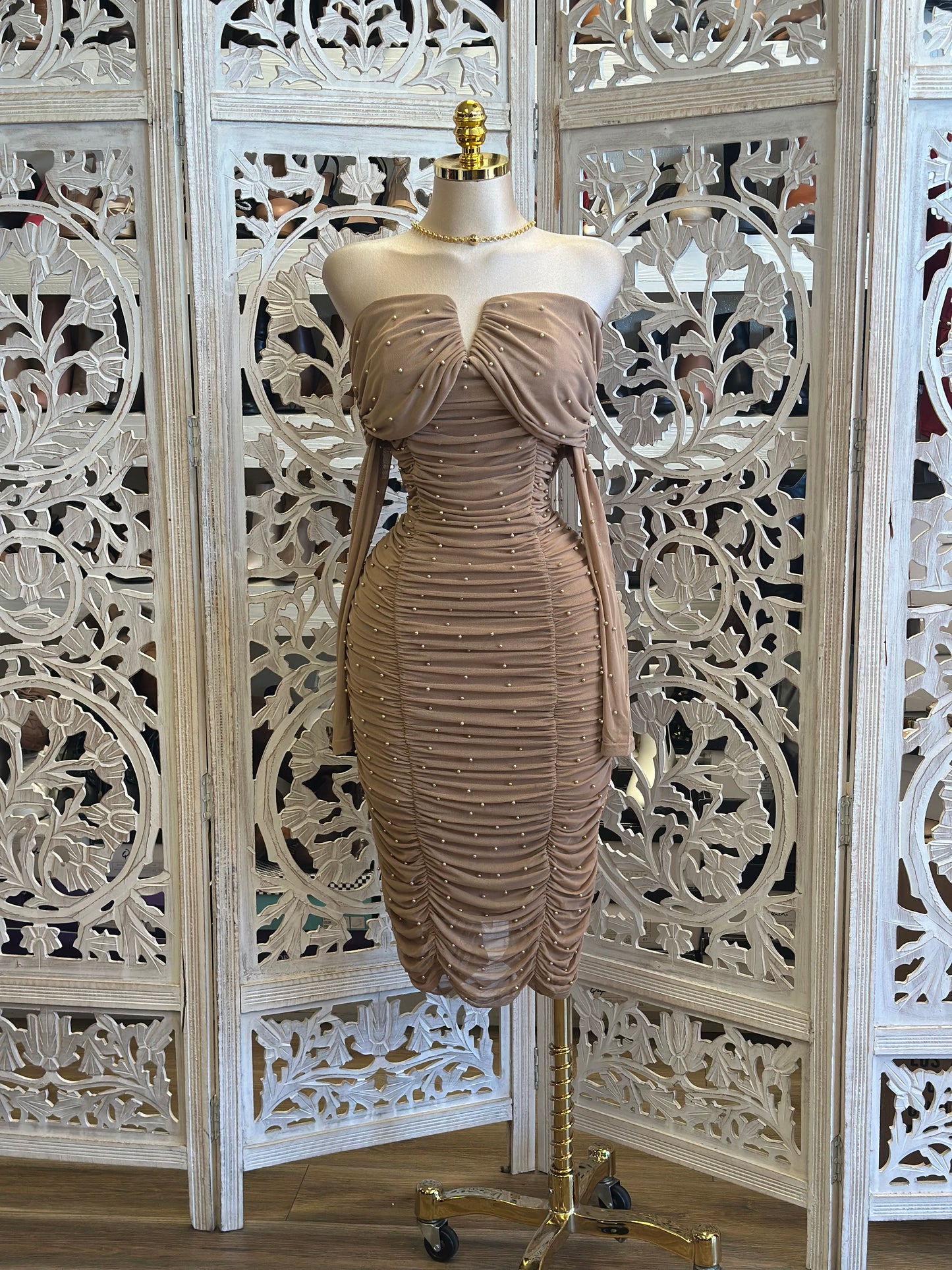 Embellished Brown Ruched Midi Dress-Estira, Stretchy