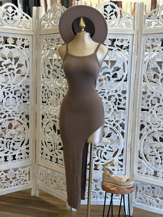 Brown Ribbed High Slit Dress - Estira, Stretchy