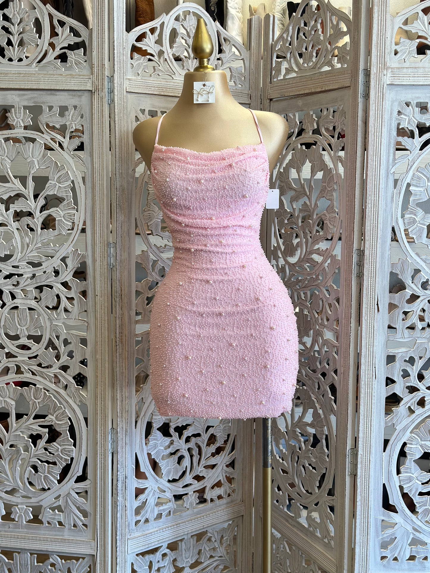 Cotton Pink Mini Embellished Dress- Stretchy