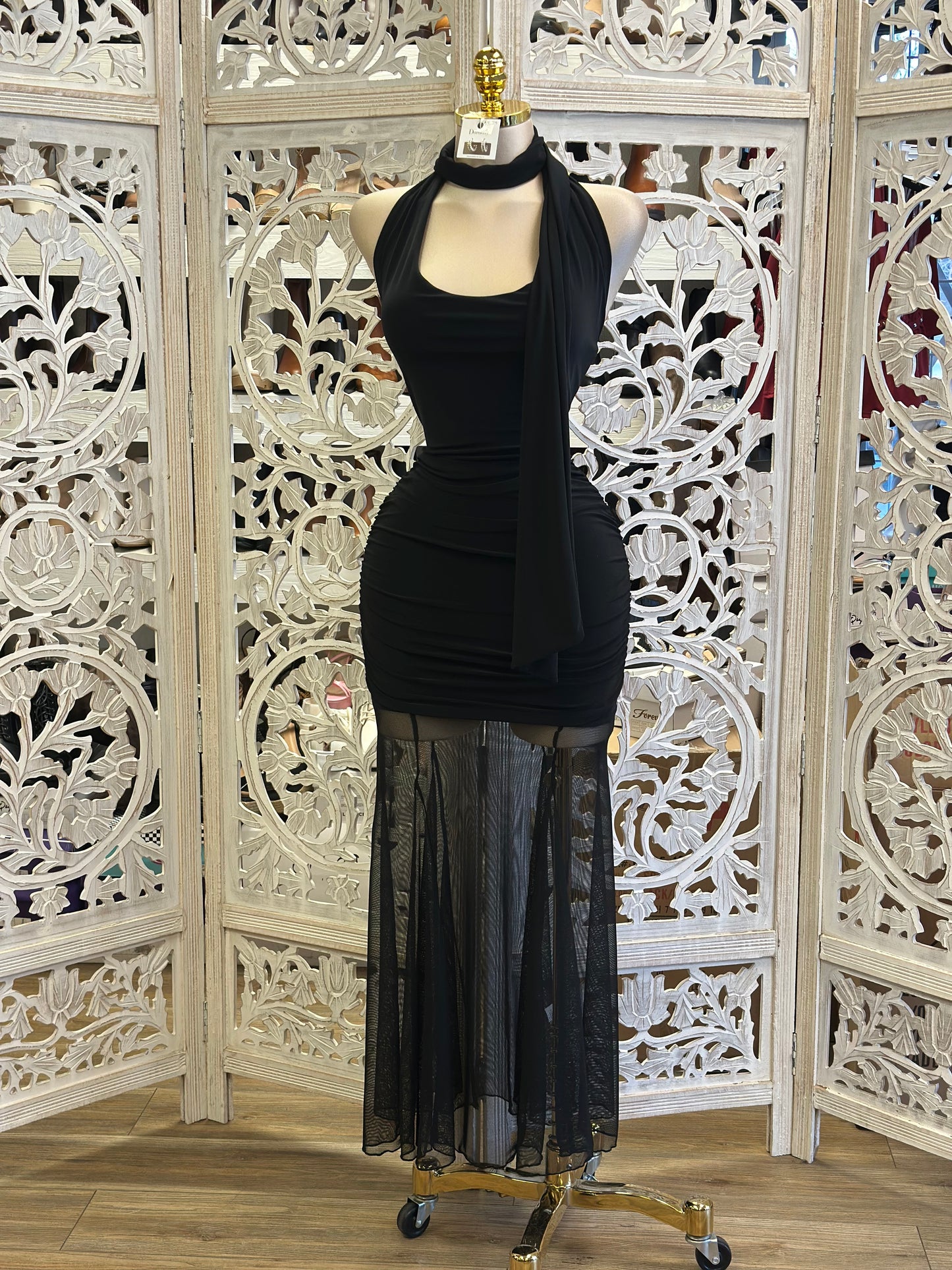 Black Mesh Scarfed Gown -Stretchy,Estira