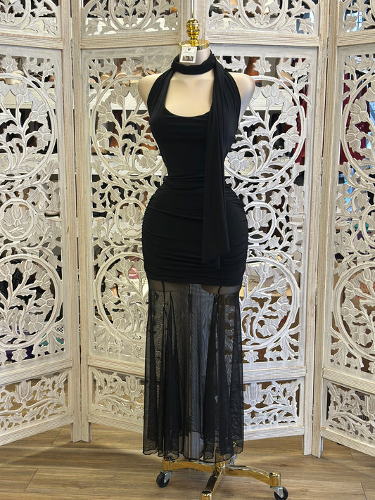 Black Mesh Scarfed Gown -Stretchy,Estira