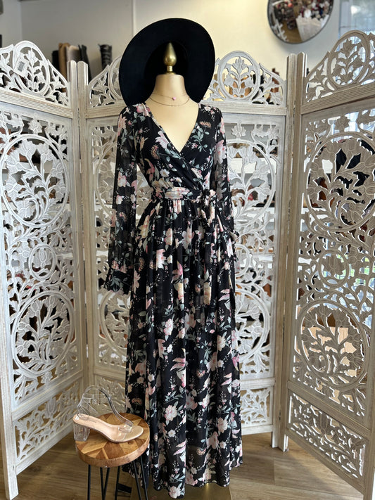 Black Floral Wrapped Maxi Dress- Slightly Stretchy