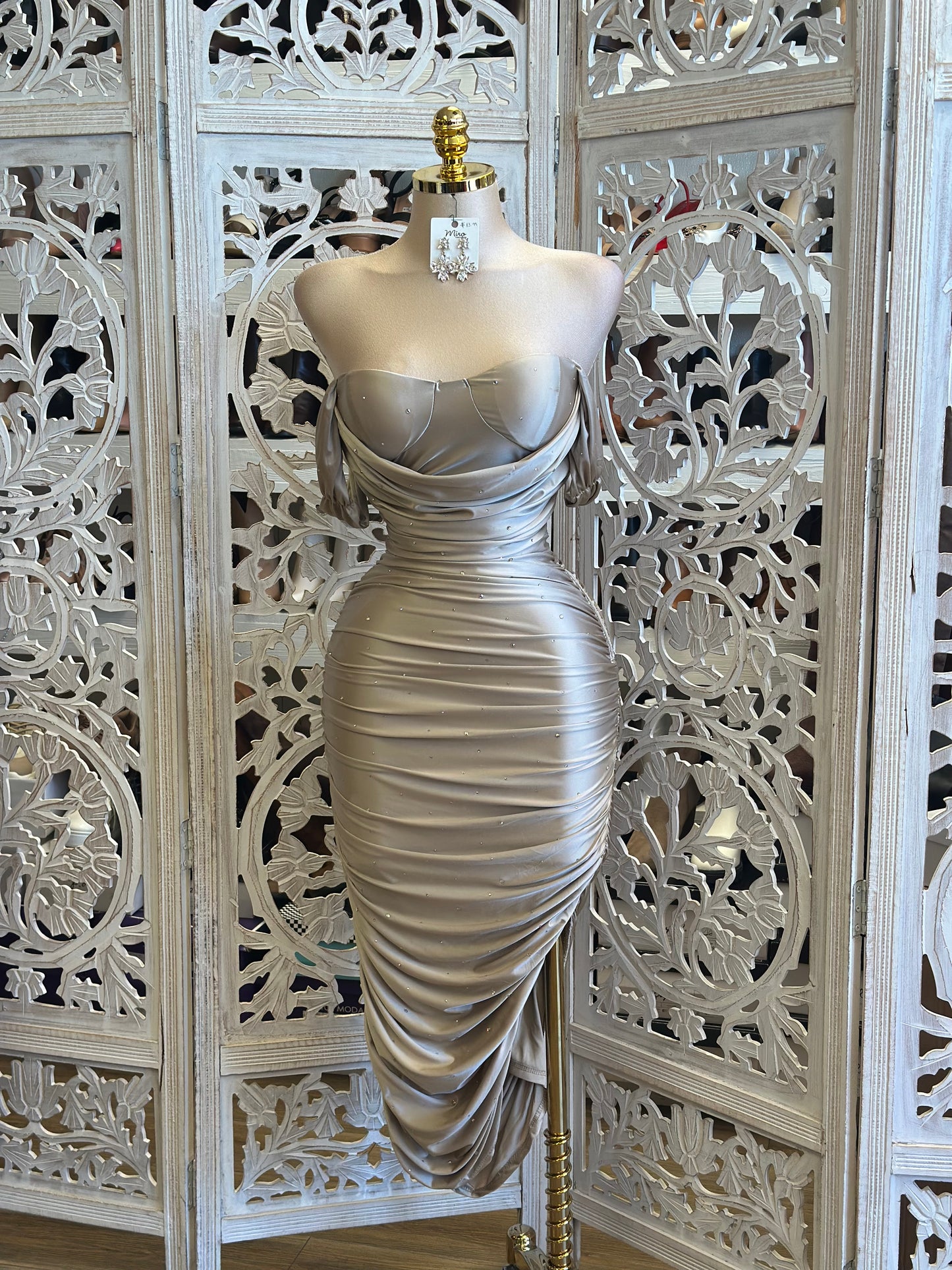 Embellished Champagne Ruched Midi Dress-Estira, Stretchy