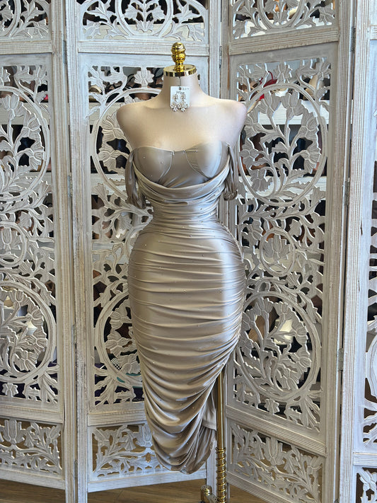 Embellished Champagne Ruched Midi Dress-Estira, Stretchy