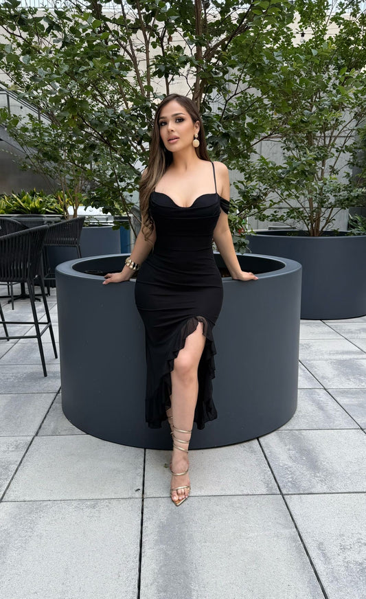 Black Off Shoulder Draped Ruffle Midi Dress-Estira, Stretchy