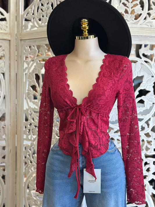 Lace Bright Burgundy Blouse- Estira, Stretchy