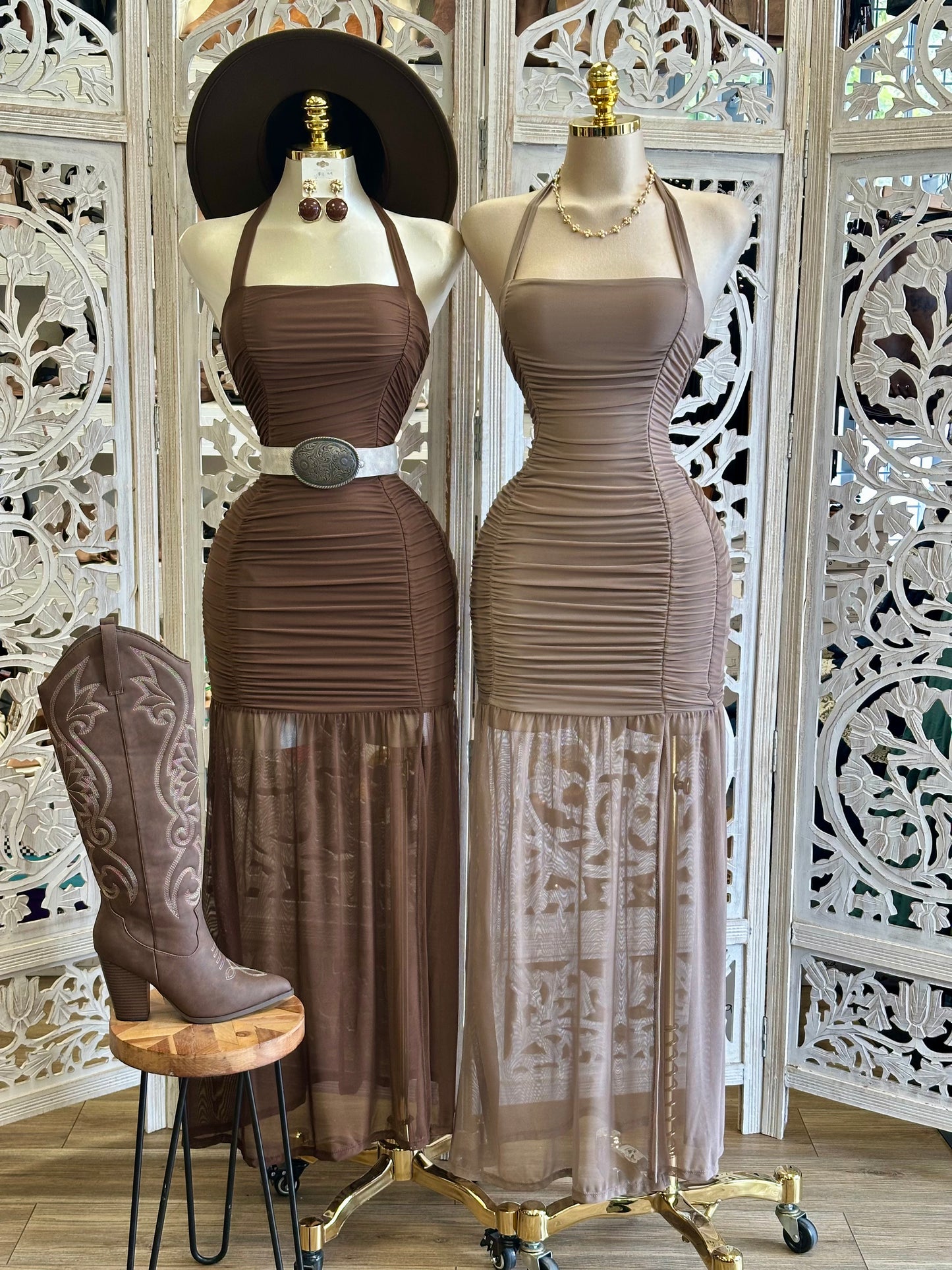 Desert Sunset Ruched Halter Mesh Maxi Dress -Stretchy,Estira