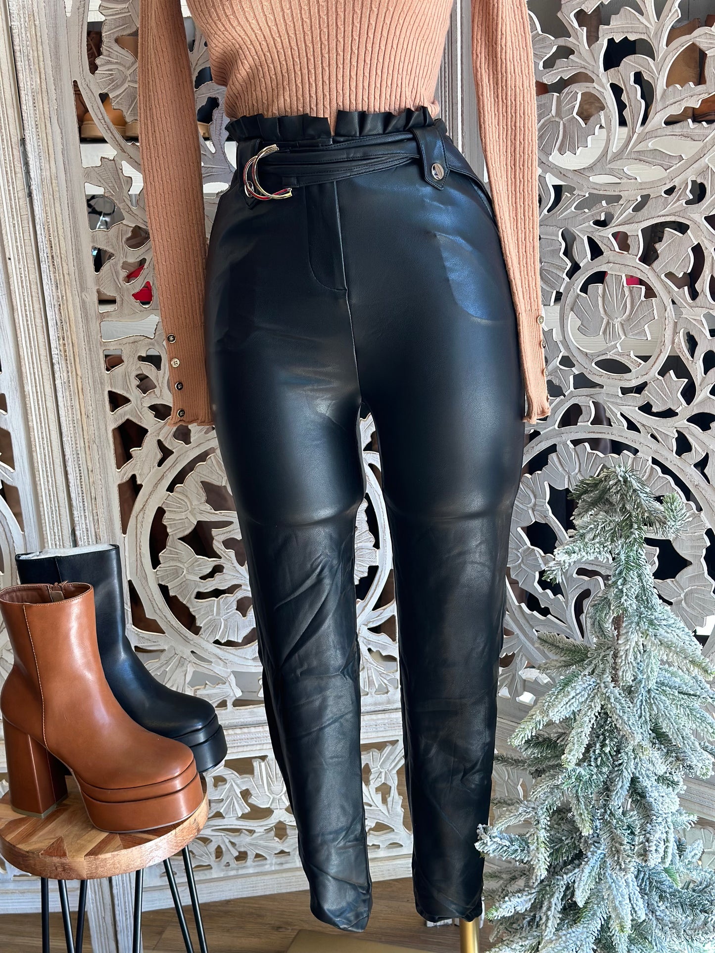 Black Belted Faux Leather Flare Pants