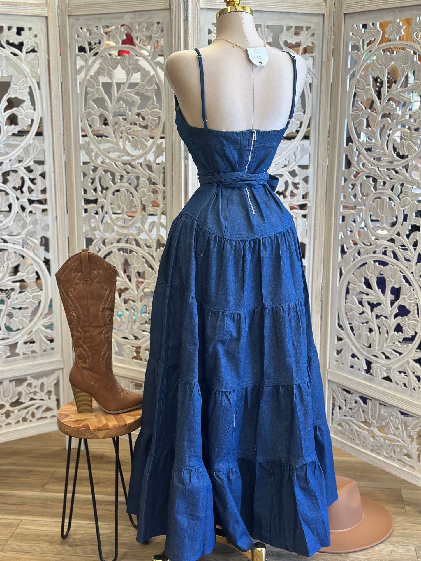 Tiered Denim Blue Maxi Dress Dress- No Estira, Not Stretchy