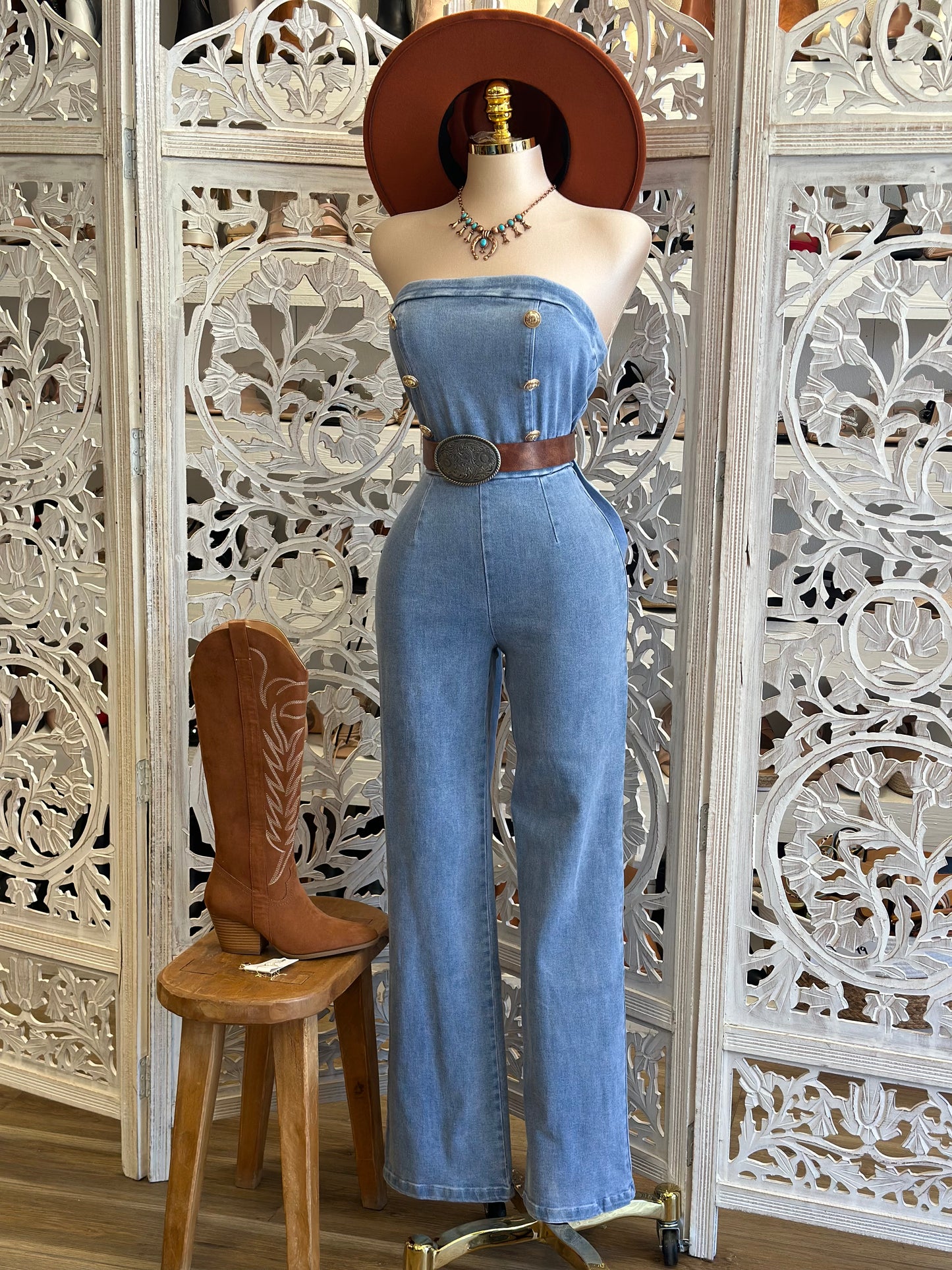 Strapless Denim Button Jumpsuit- Stretchy