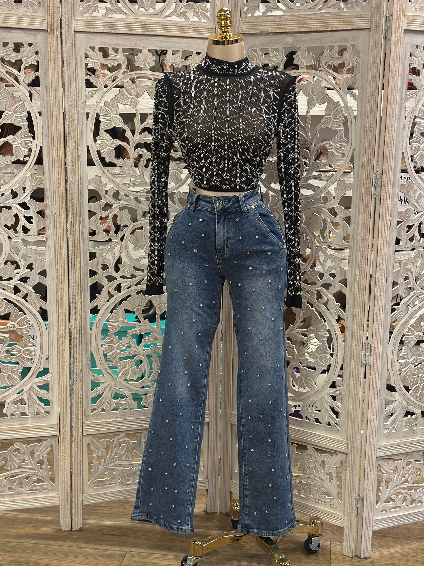 Rhinestone Dark Wash Denim Straight Jeans - Stretchy, Estira