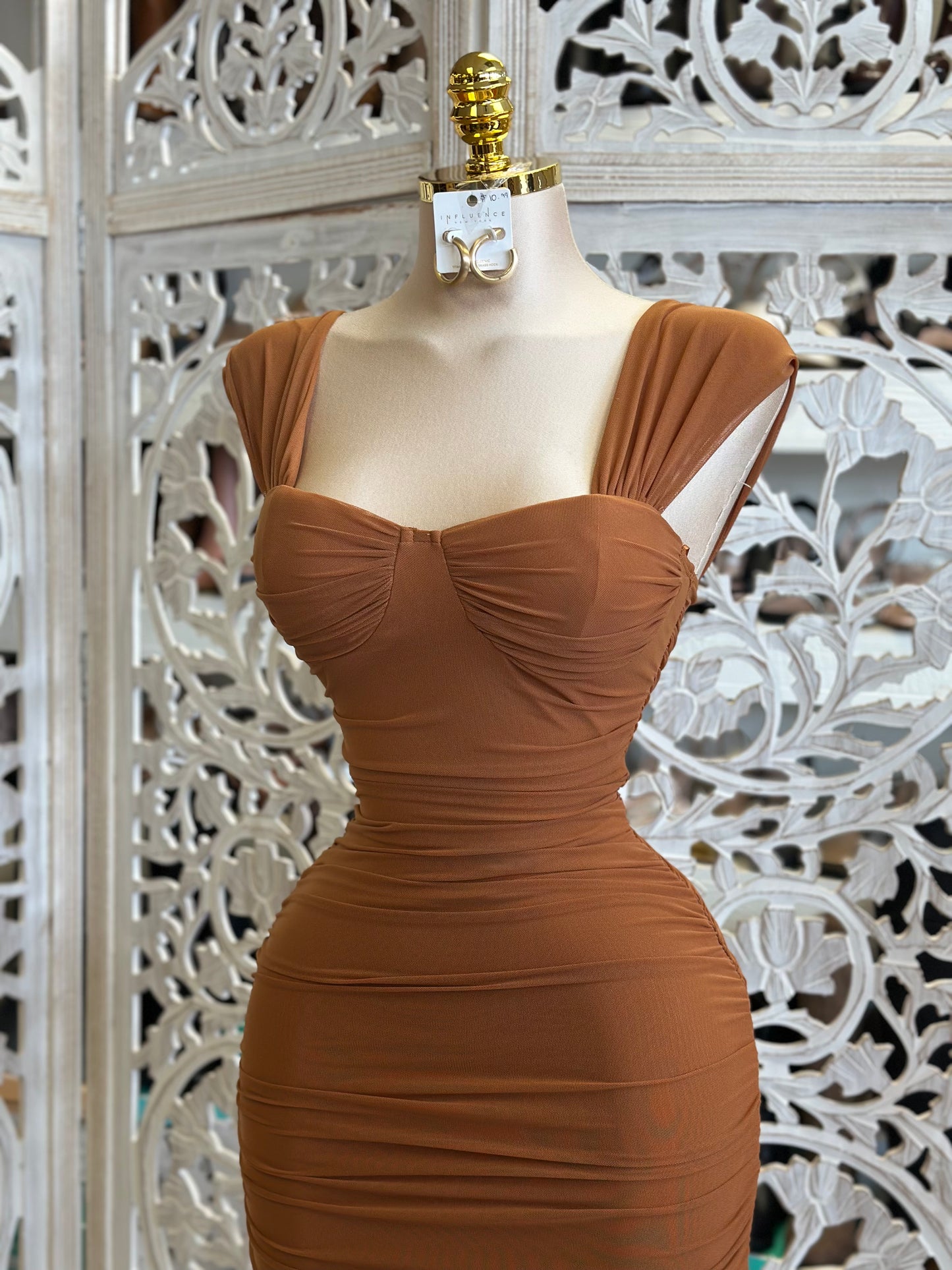 Rust Midi Square Neck Dress- Stretchy,Estira