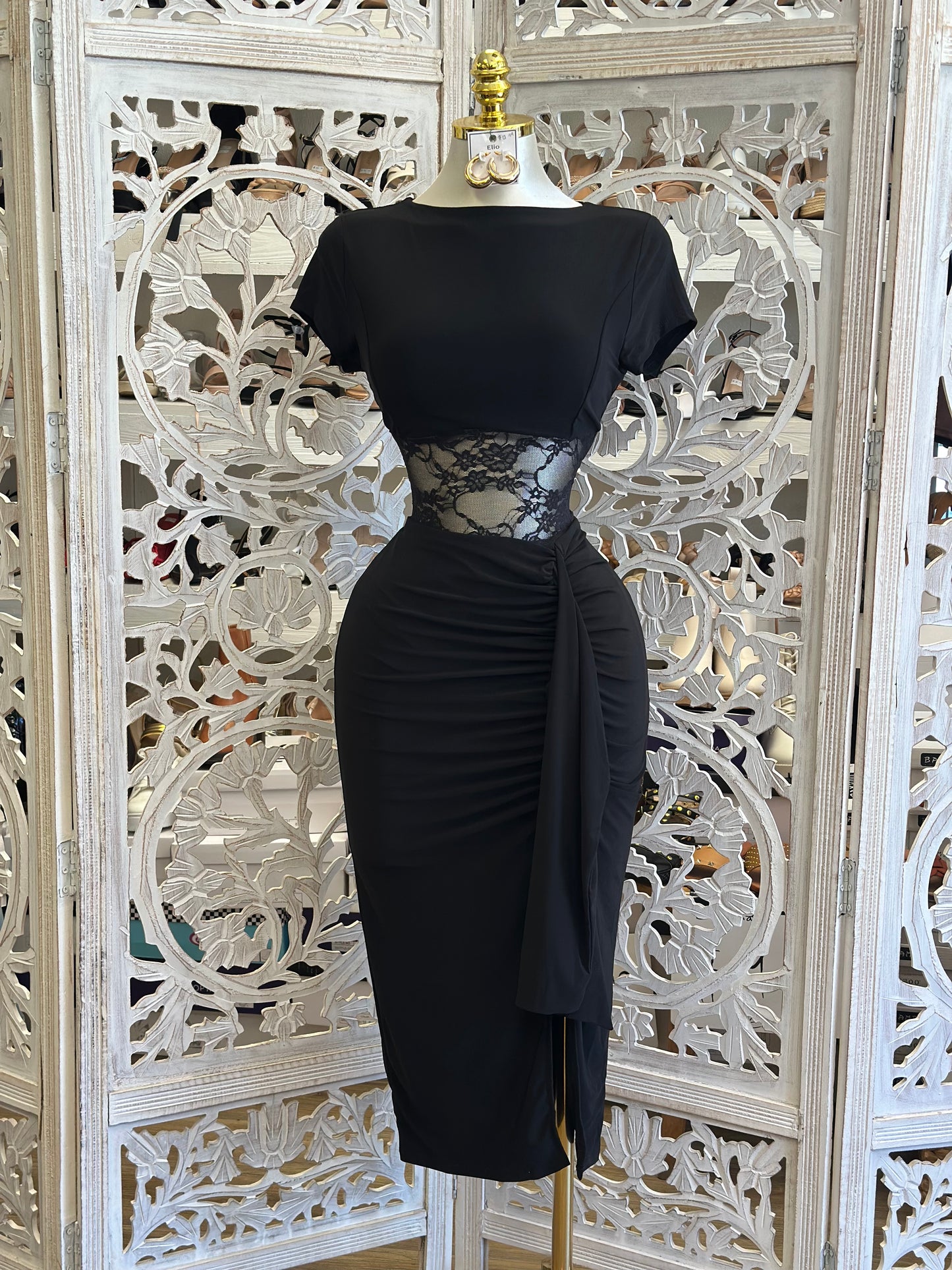 Lace Cutout Boatneck Dress - Estira, Stretchy