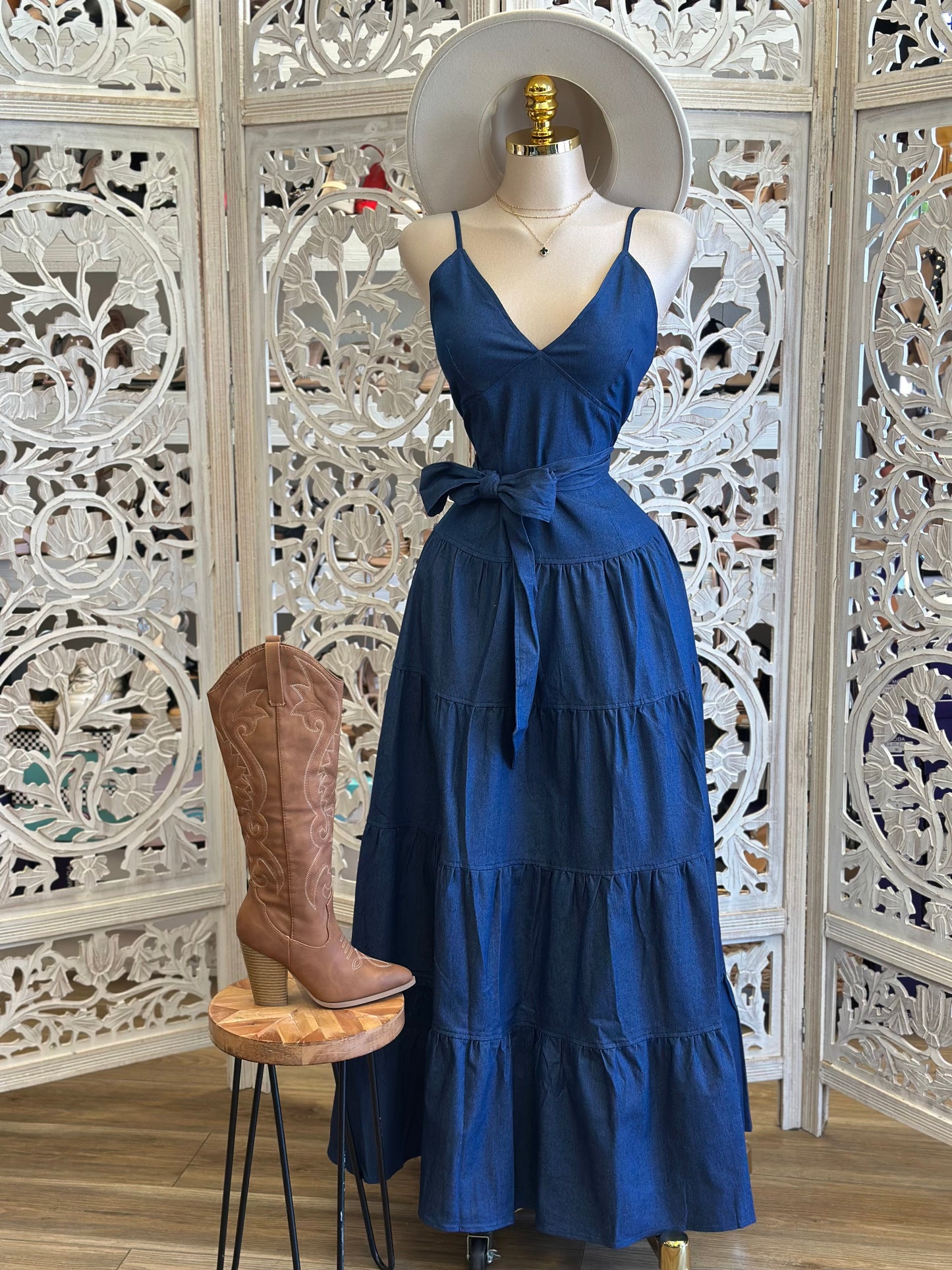 Tiered Denim Blue Maxi Dress Dress- No Estira, Not Stretchy